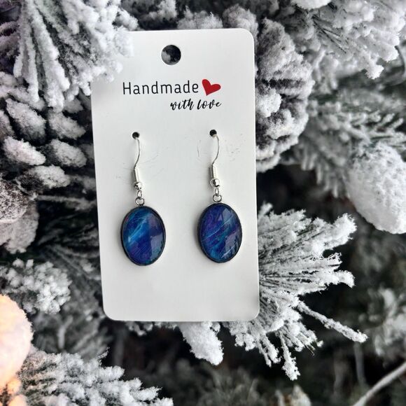 Handmade Poured Paint Oval Earrings Blue Purple Swirl Stainless Steel Artisan - Picture 1 of 4